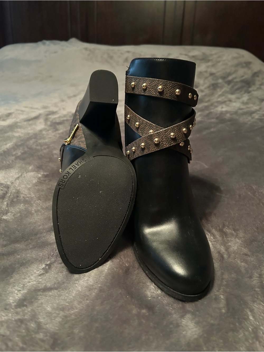 Michael Kors Black Leather Ankle Booties with MK Studded Straps - Picture 4 of 4